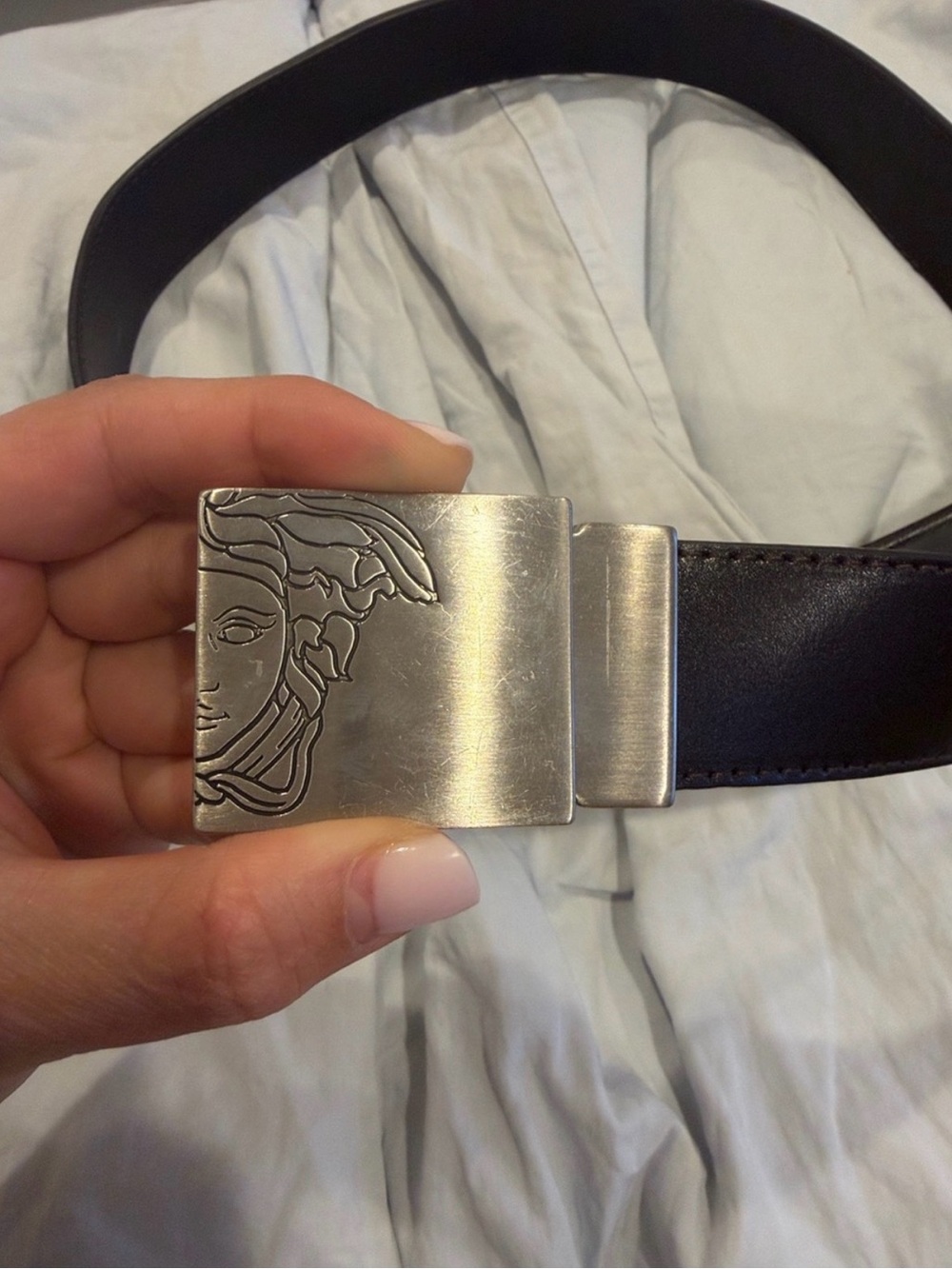 Versace Black Leather Belt with Silver Medusa Buckle